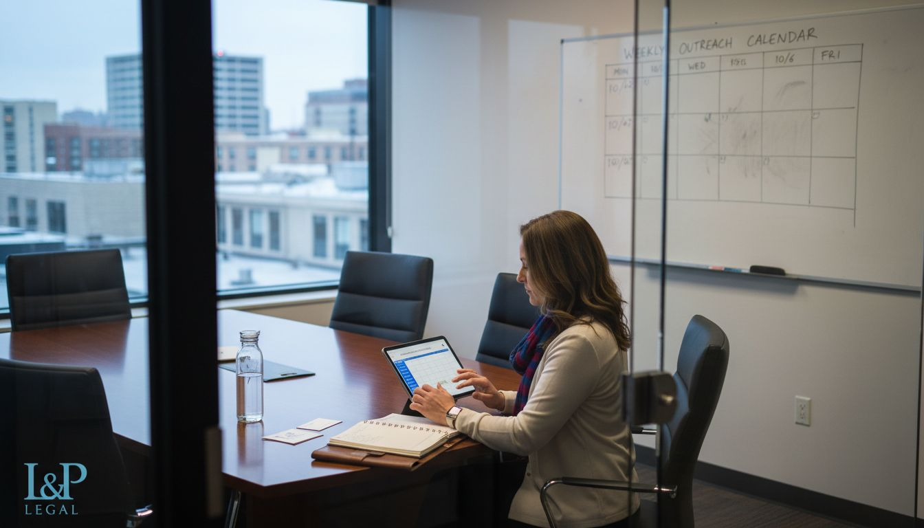 Paralegal managing automated outreach in boardroom