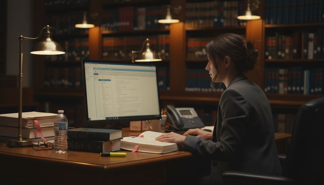 Attorney researching legal topics at desk