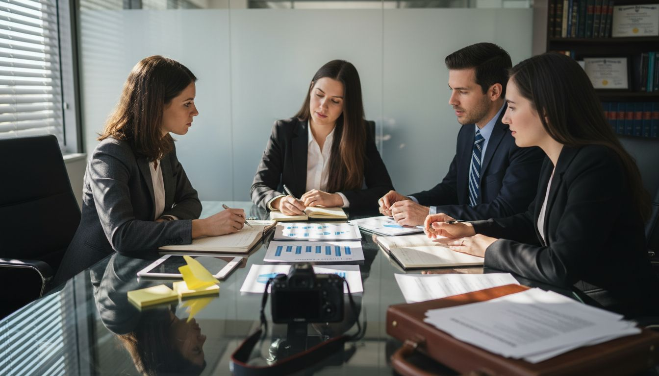 Law firm team reviews campaign strategies