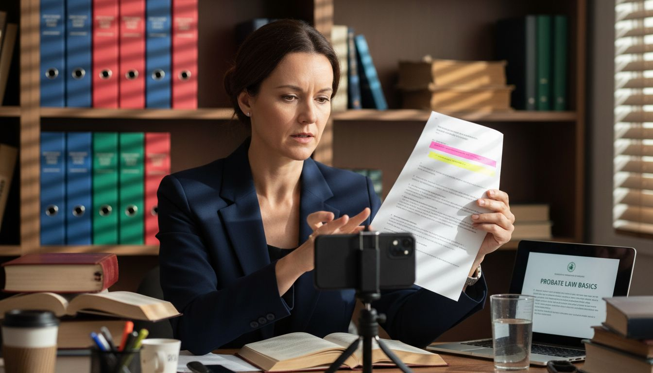 Attorney filming educational video at cluttered desk