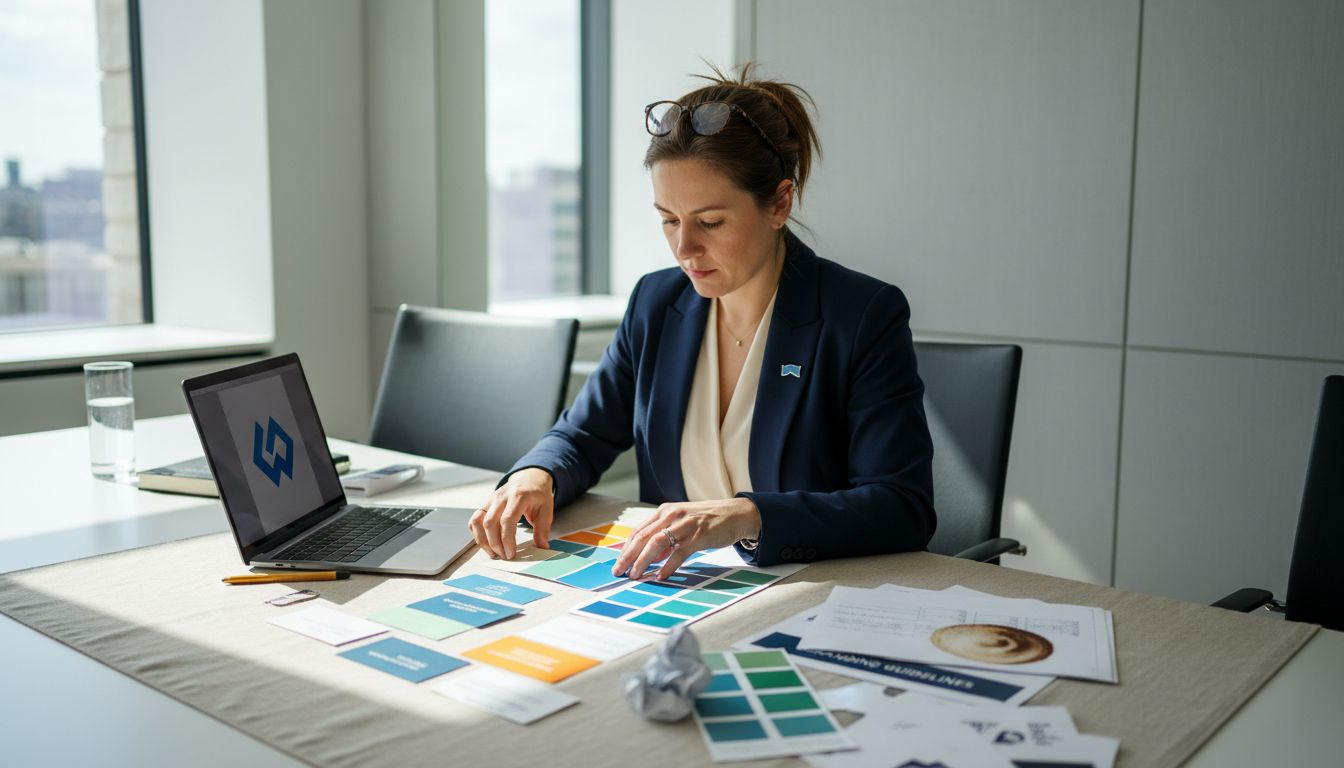 Designer reviews law firm visual branding materials