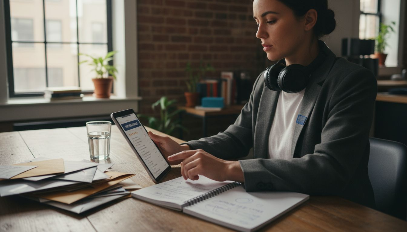 Client reading law firm reviews at kitchen table