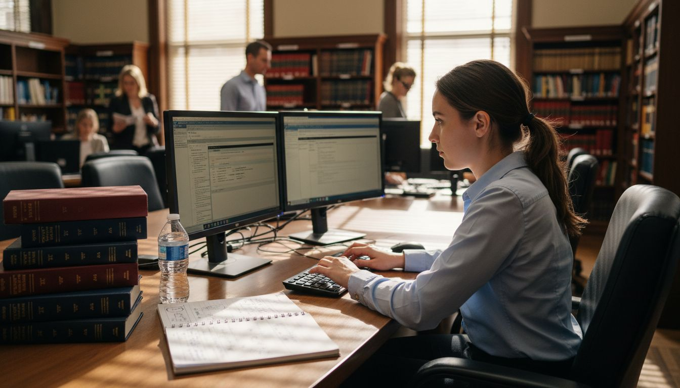 Paralegal writing blog in law library