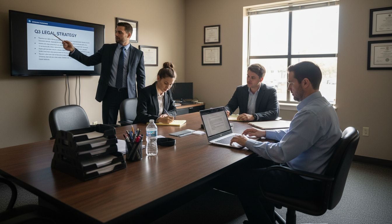 Small law firm staff reviewing marketing slides