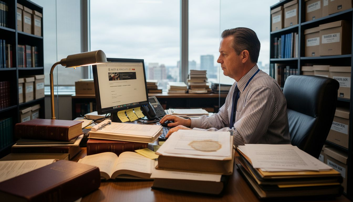 Attorney updating law firm website at desk
