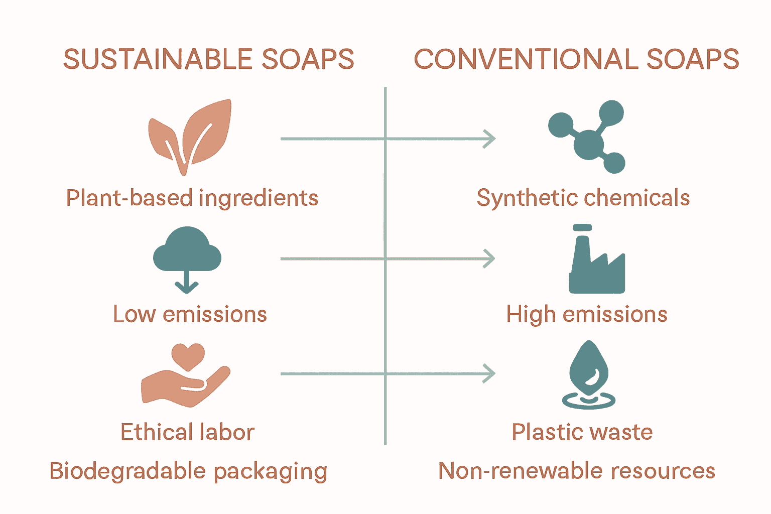 Infographic comparing sustainable and conventional soaps using icons for ingredients, emissions, and packaging.