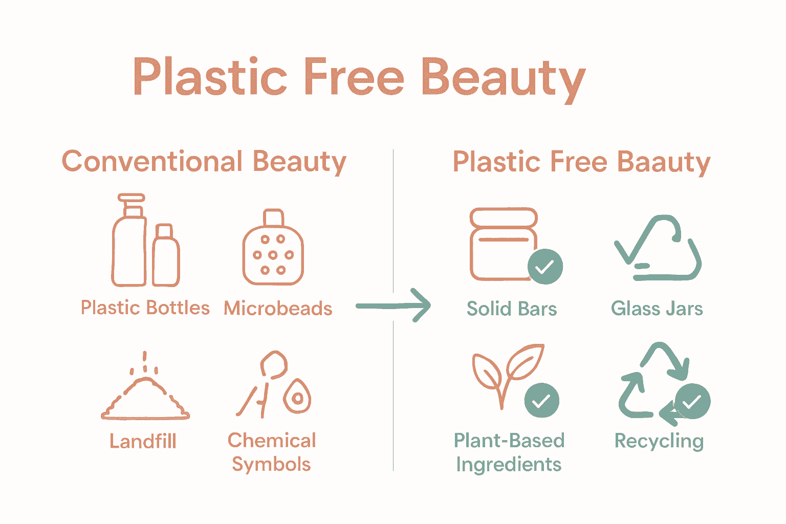 Comparison chart of conventional versus plastic free beauty products showing packaging and ingredient differences.