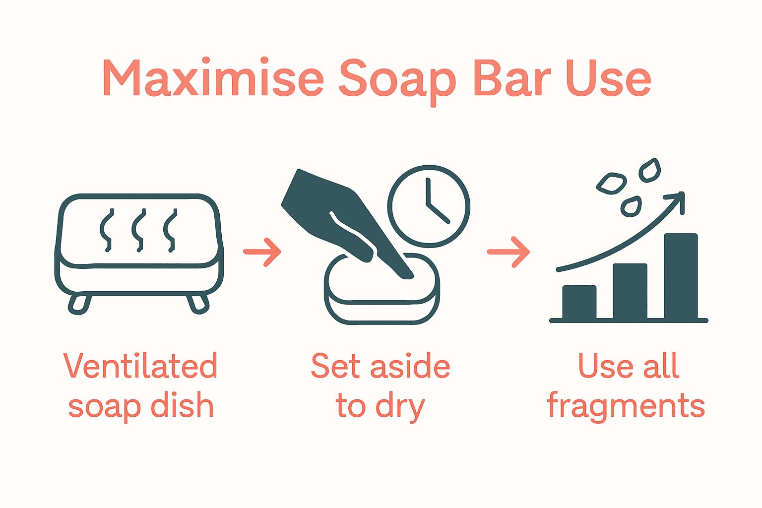 Infographic comparing soap dish airflow, drying time, and reuse of soap pieces for sustainability.