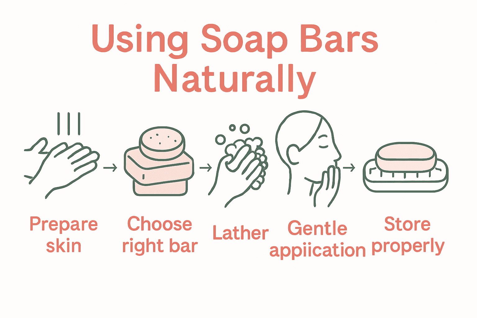 Infographic showing 5 natural soap bar cleansing steps with icons and arrows.
