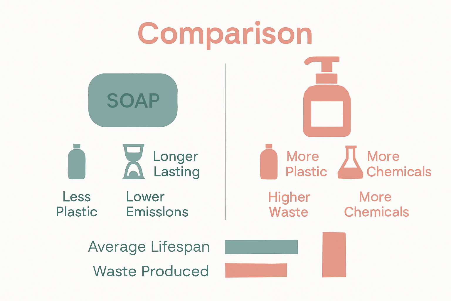 Infographic comparing solid and liquid soap bar sustainability and waste.