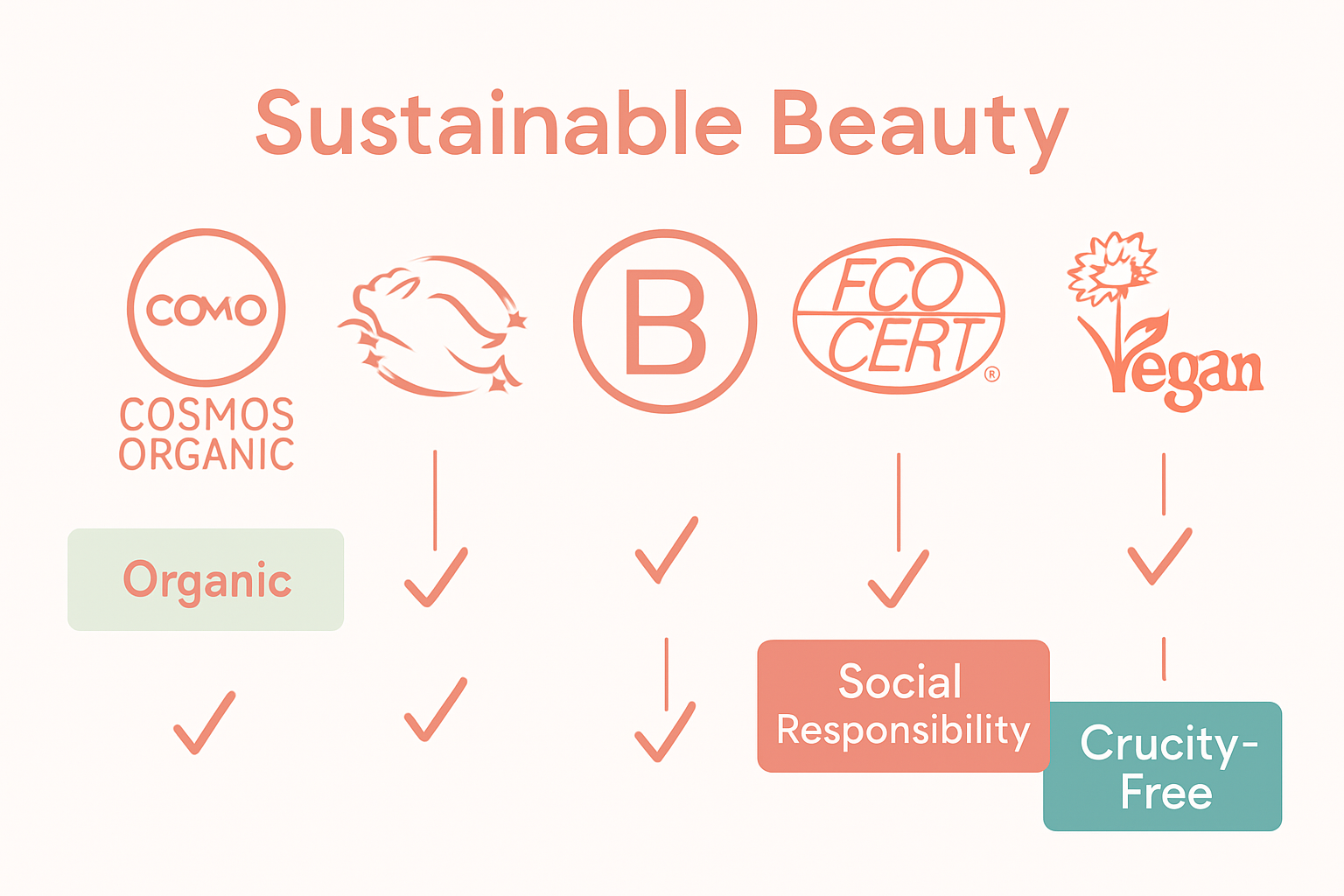 Comparison of key sustainable beauty certifications using icons and checkmarks.