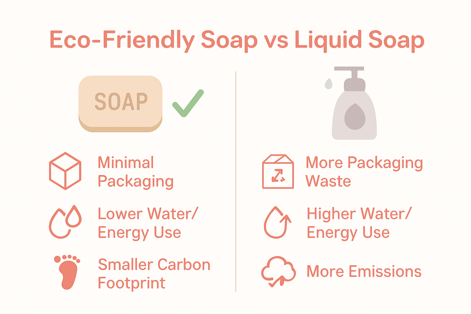 Infographic comparing eco-friendly bar soap and liquid soap on packaging, emissions, and sustainability.