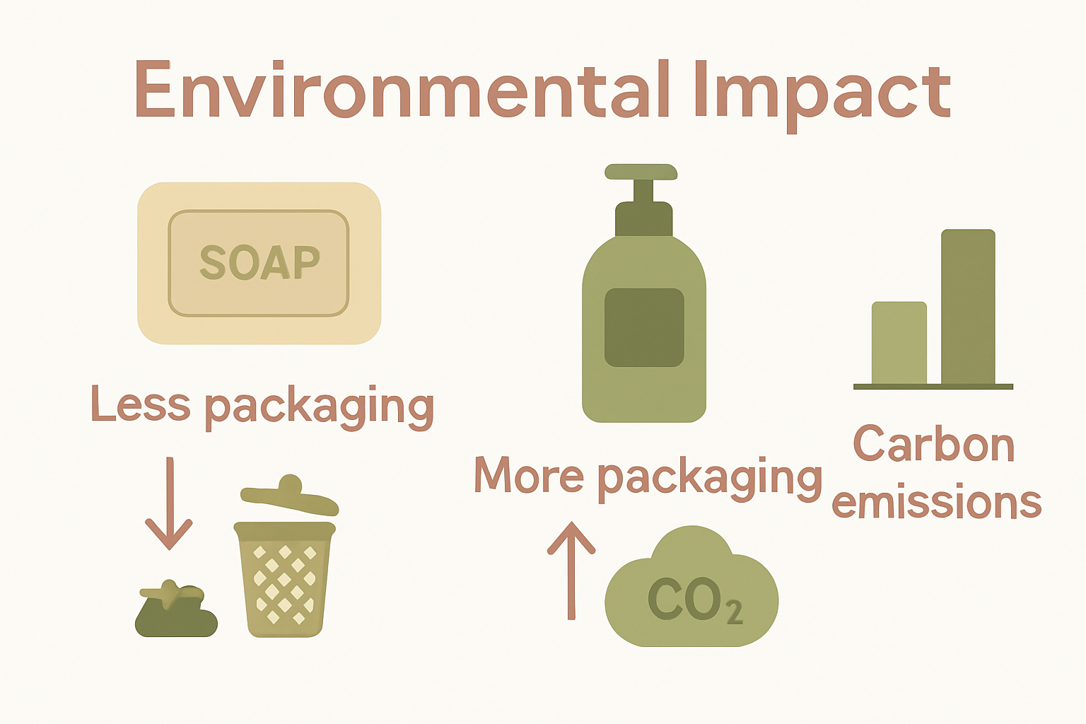 Infographic comparing environmental impact of solid soap bars versus liquid soap, showing packaging waste and carbon footprint.