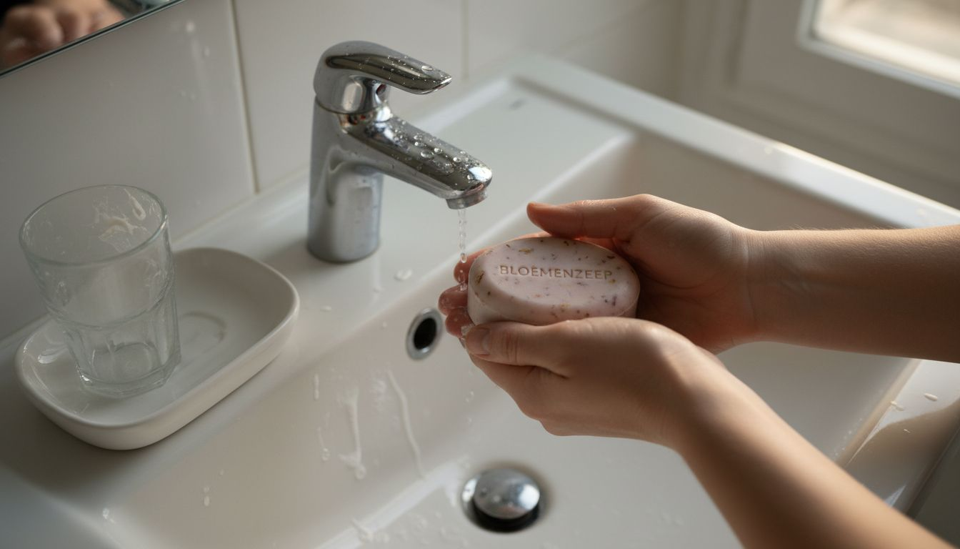 Een vrouw wast haar handen met heerlijk geurende zeep bij de wasbak.