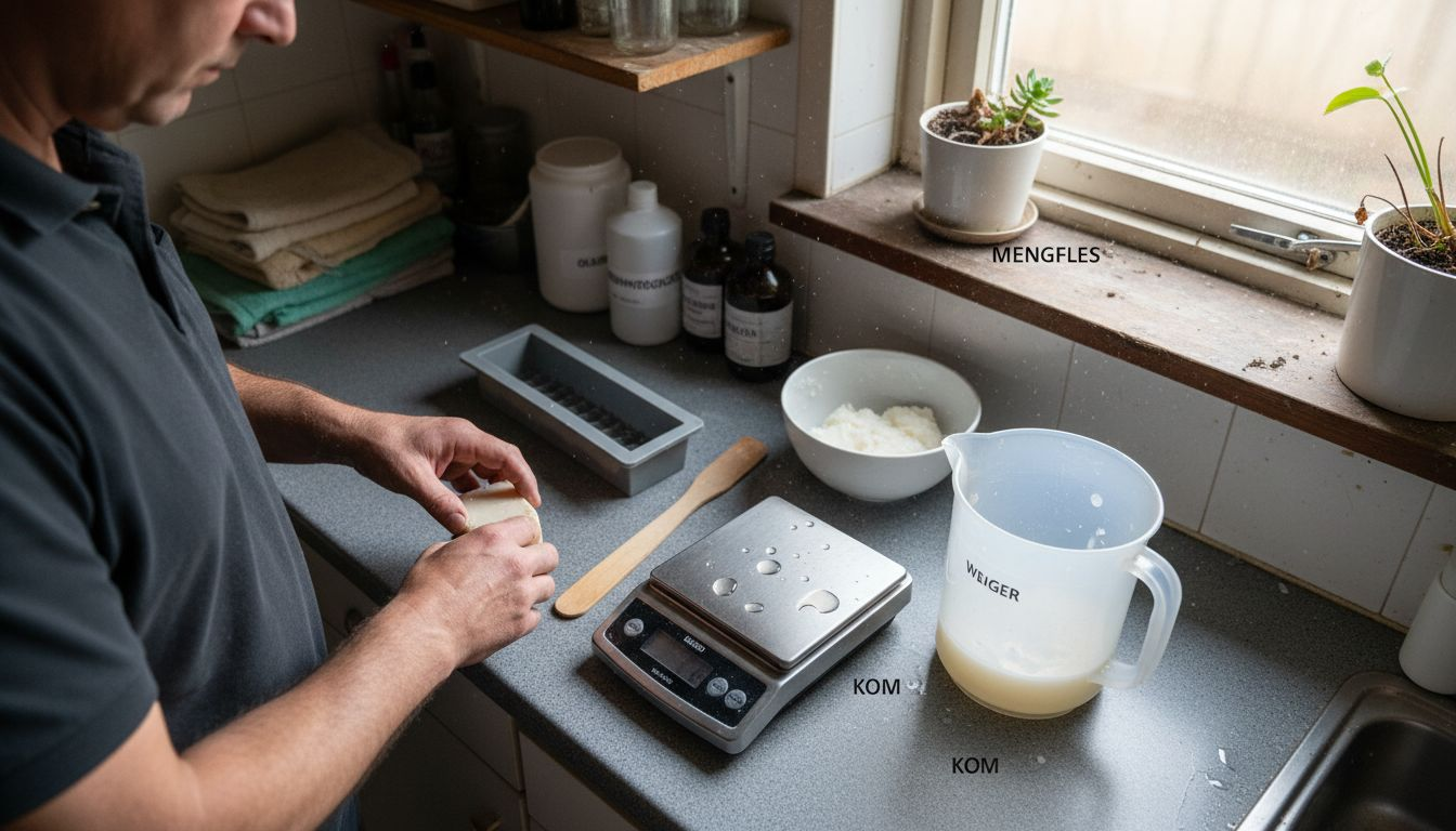 Man legt alle benodigdheden klaar om zelf zeep te maken.