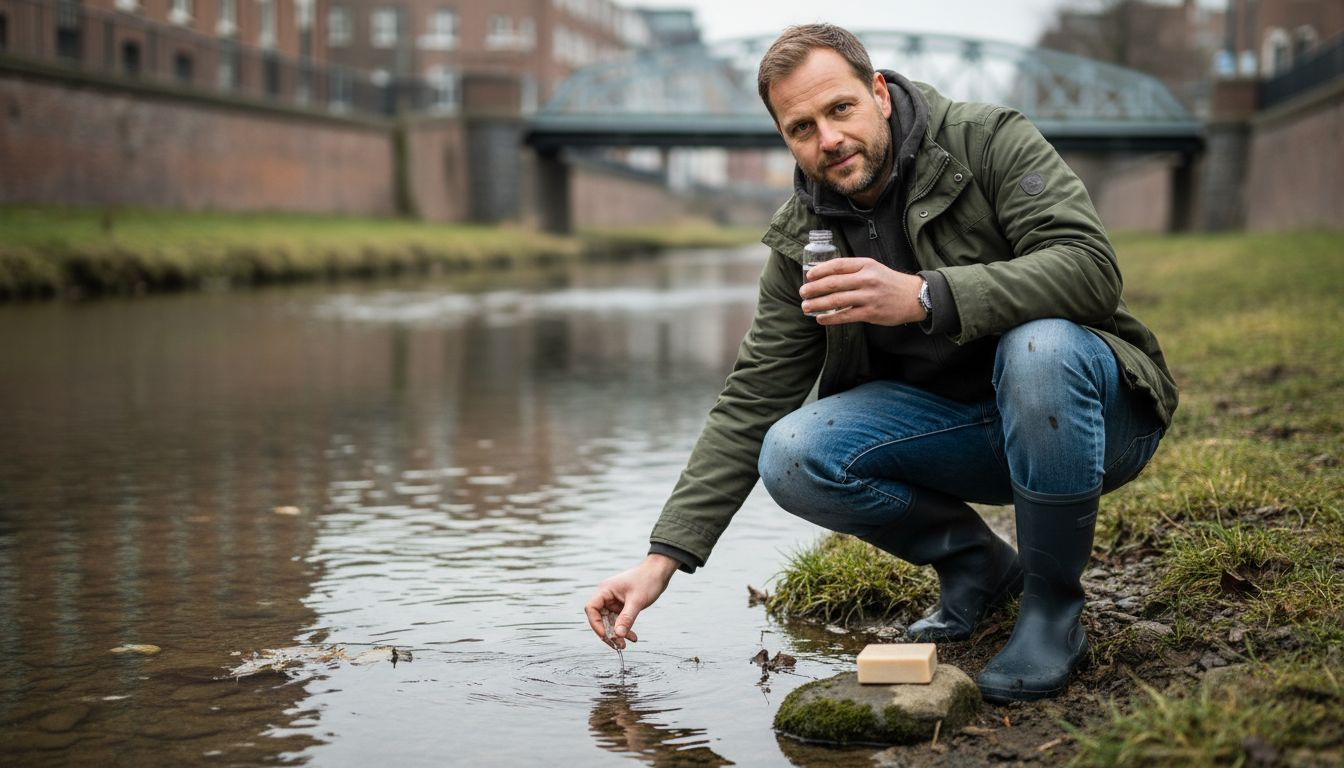 Een man inspecteert de rivier terwijl hij een stuk zeep over een steen wrijft.