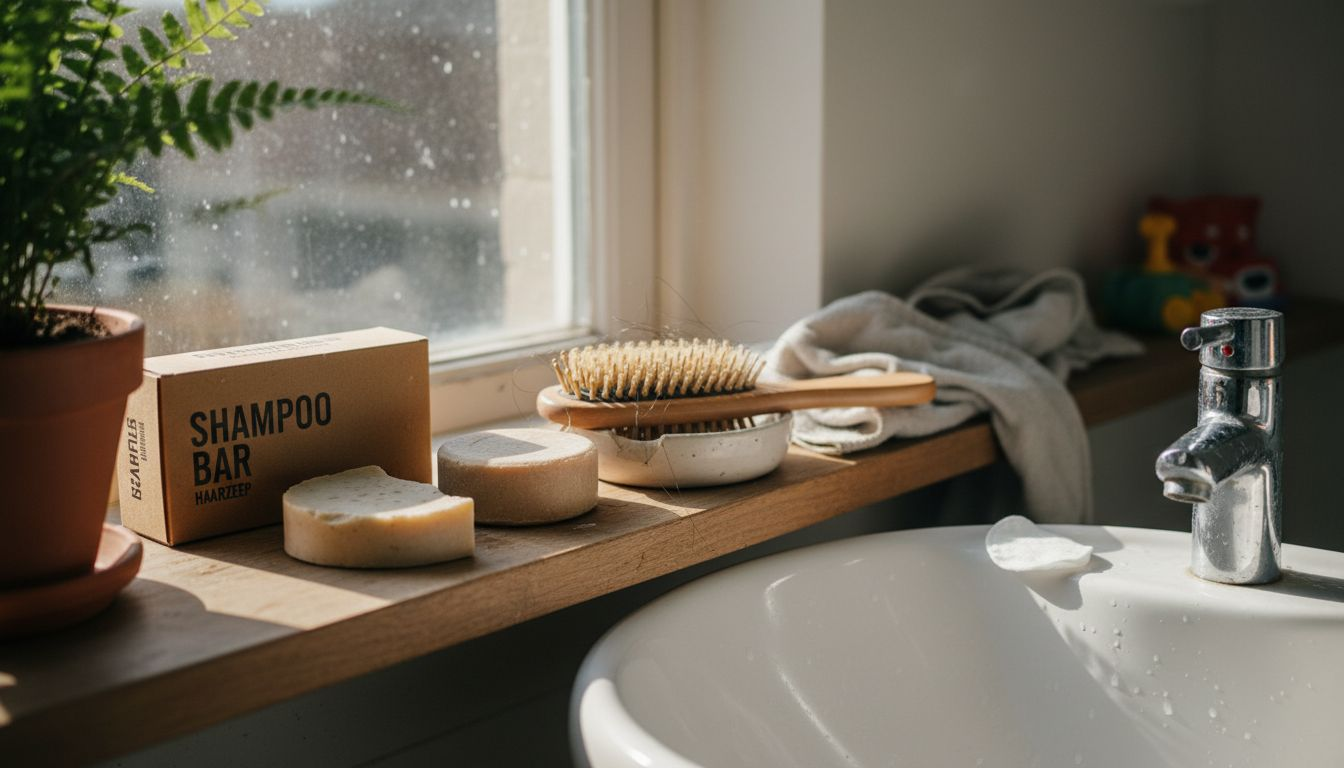 Op de plank in de badkamer staan verzorgingsproducten zonder plastic verpakkingen.