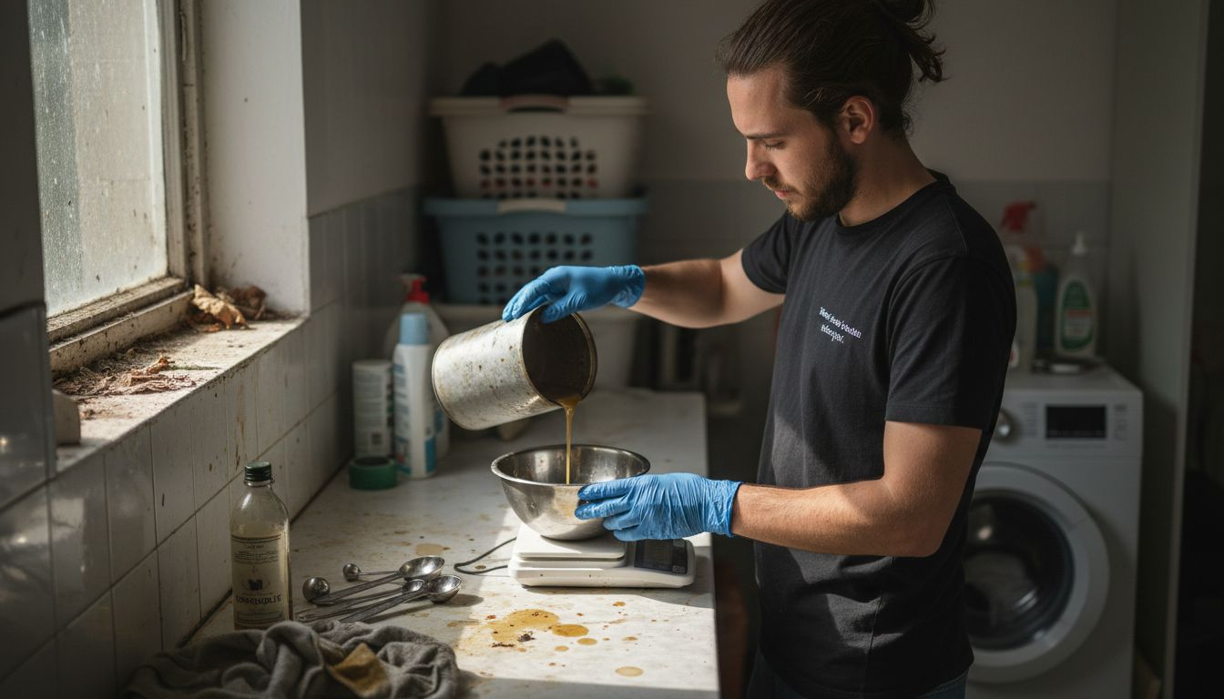 Een man meet op het aanrecht zorgvuldig de ingrediënten af voor het maken van zeep.