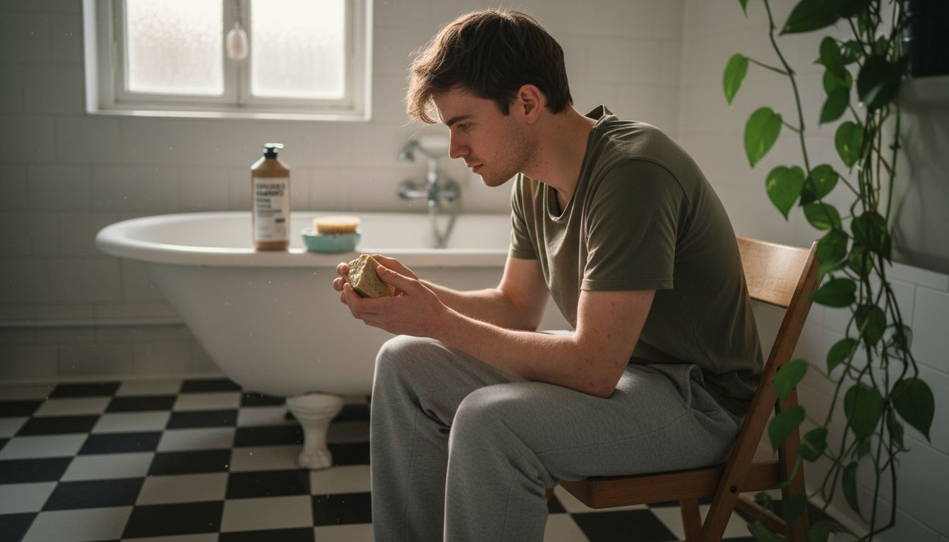 Een man bekijkt aandachtig een stuk natuurlijke zeep, speciaal voor de gevoelige huid.