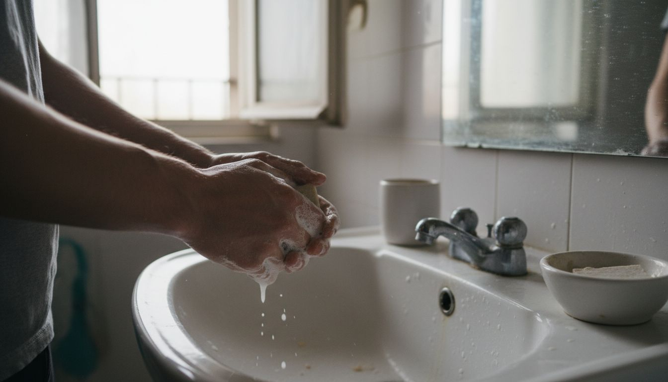 Met natuurlijke zeep wrijf ik mijn handen tot er een schuimende laag ontstaat boven de wastafel.