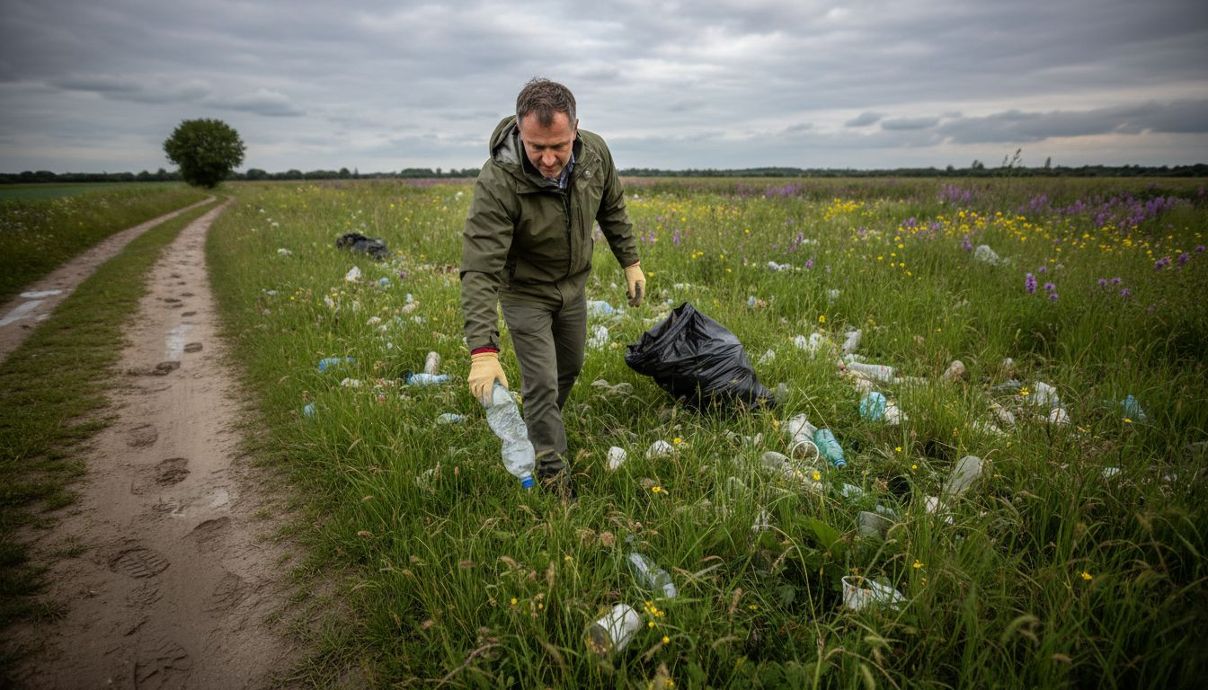 Een man ruimt plastic afval op in een natuurgebied.