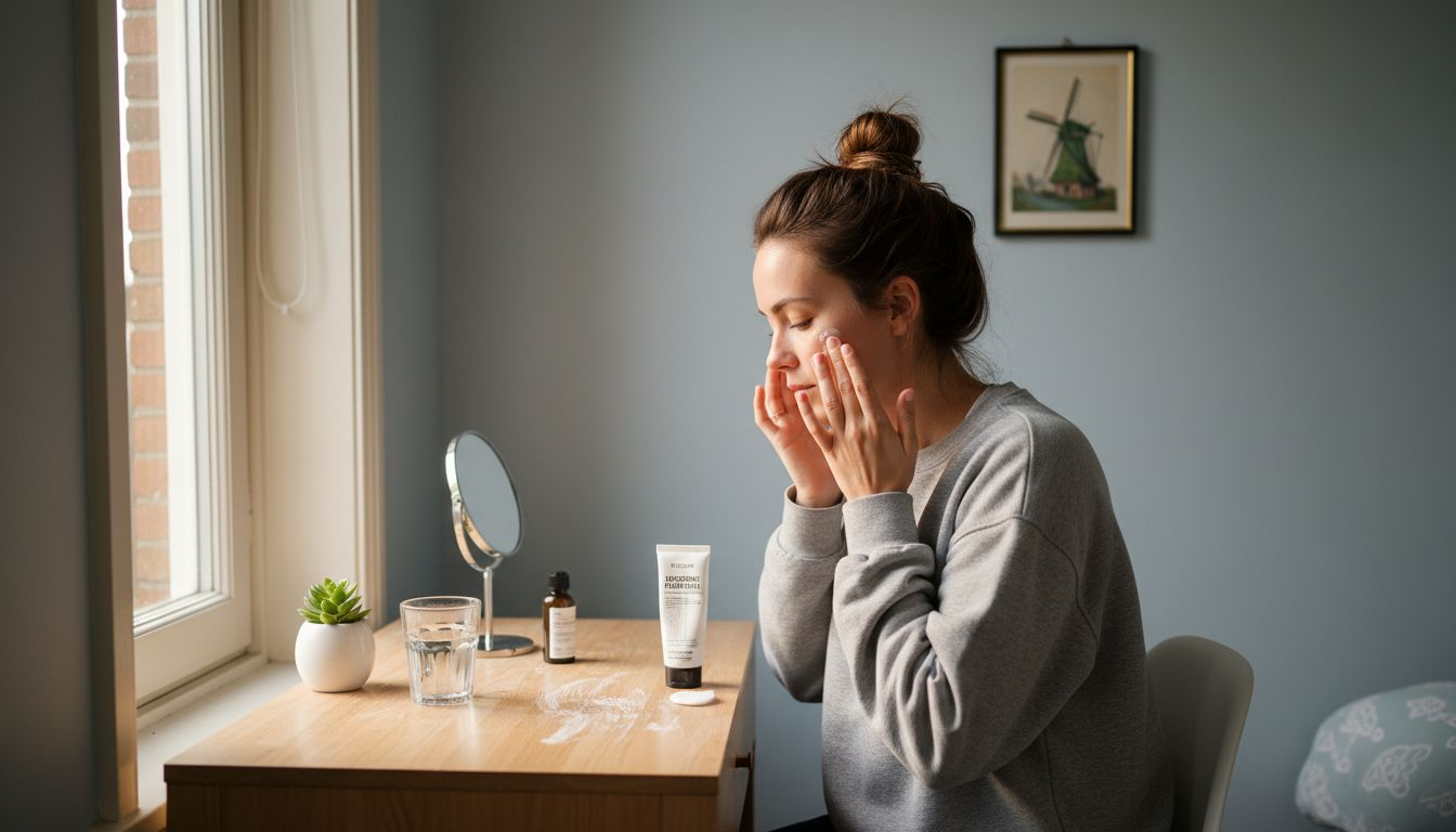 Thuis geeft een vrouw haar gevoelige huid extra aandacht en verzorging.