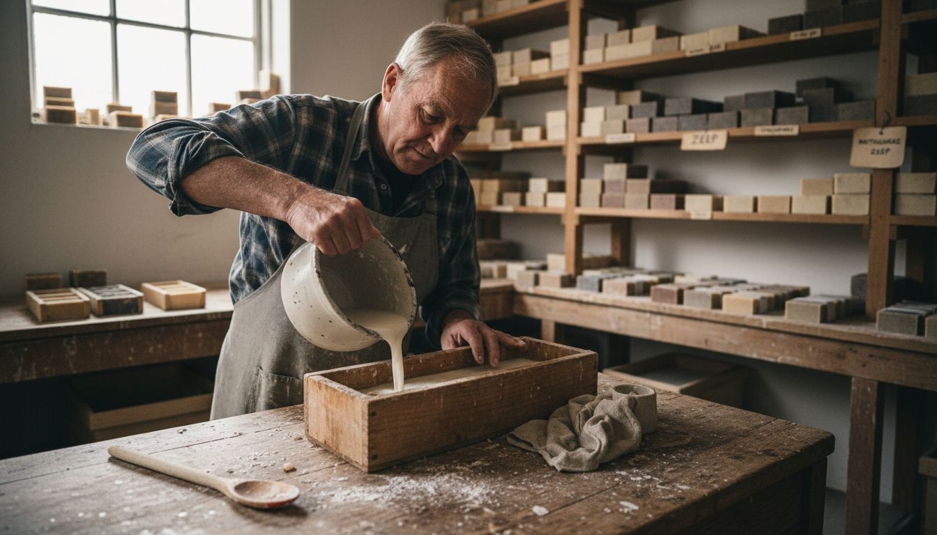 Een ambachtelijke zeepmaker giet zorgvuldig het verse zeeppmengsel in de mallen in zijn werkplaats.