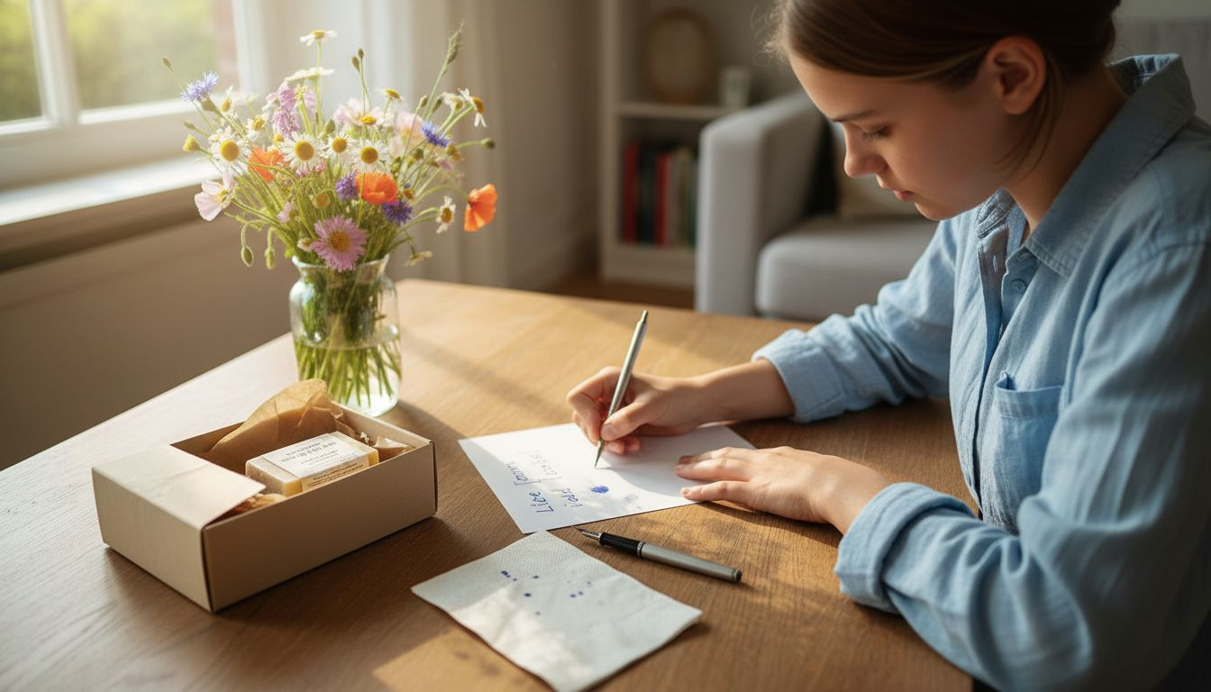 Met de hand een kaartje schrijven voor bij het zeepbarcadeautje