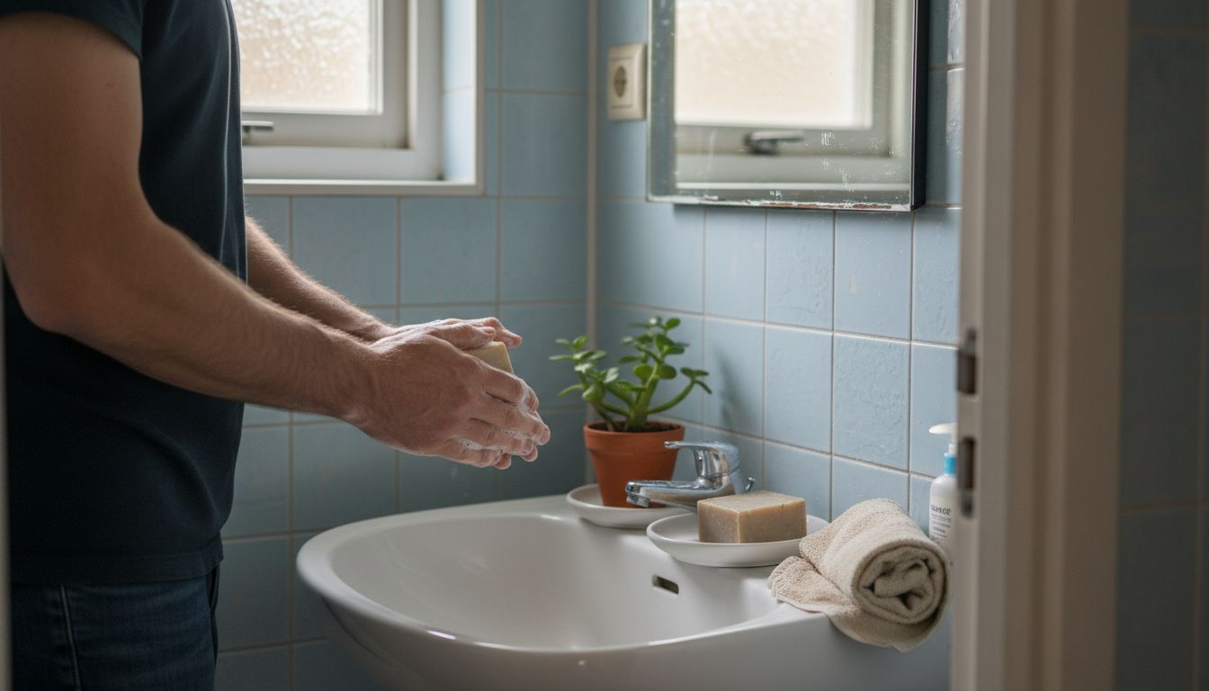 In de badkamer kiest een man bewust voor een milieuvriendelijke zeep.