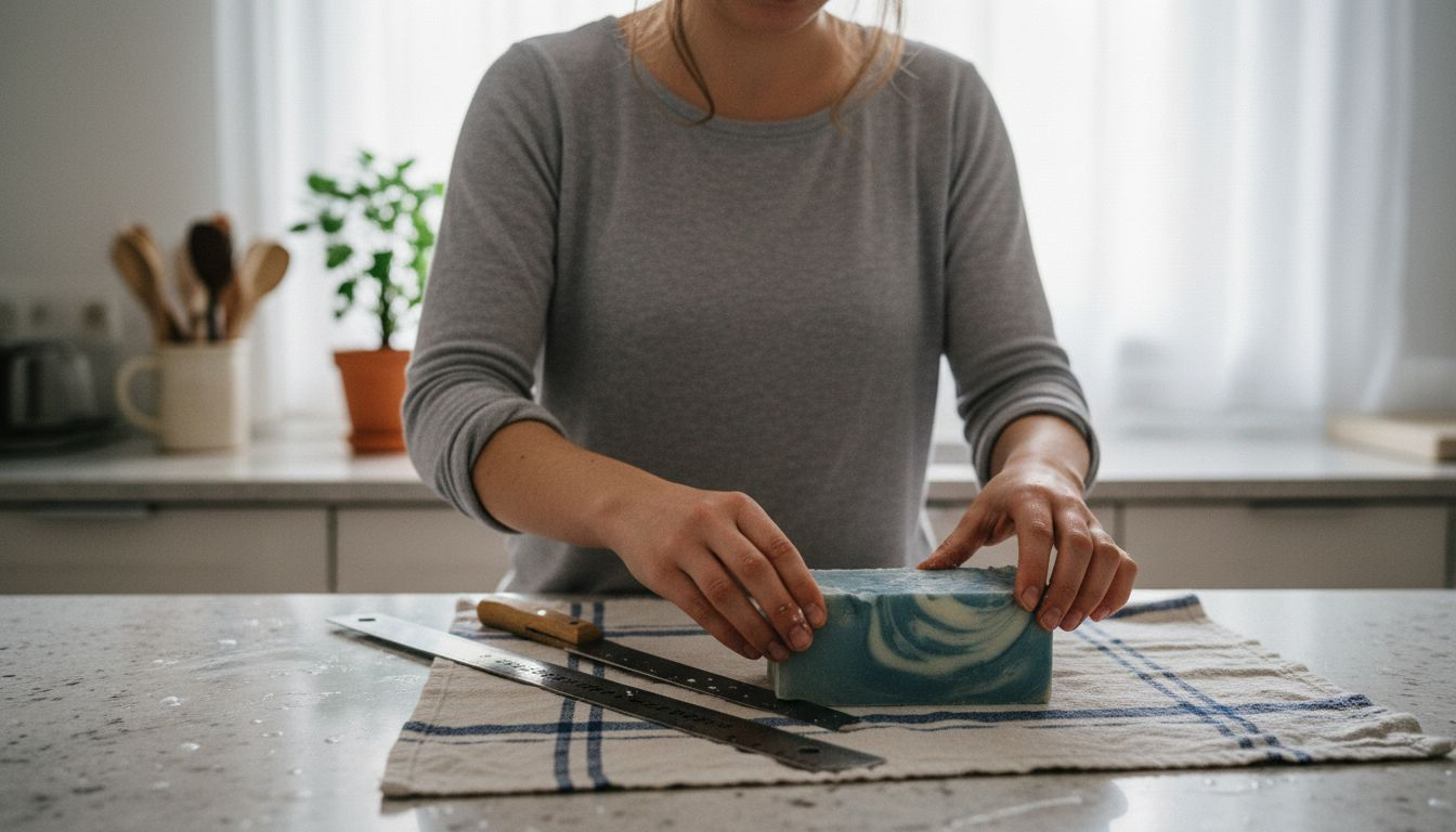 Vrouw maakt een veilige werkplek klaar om zeep te snijden