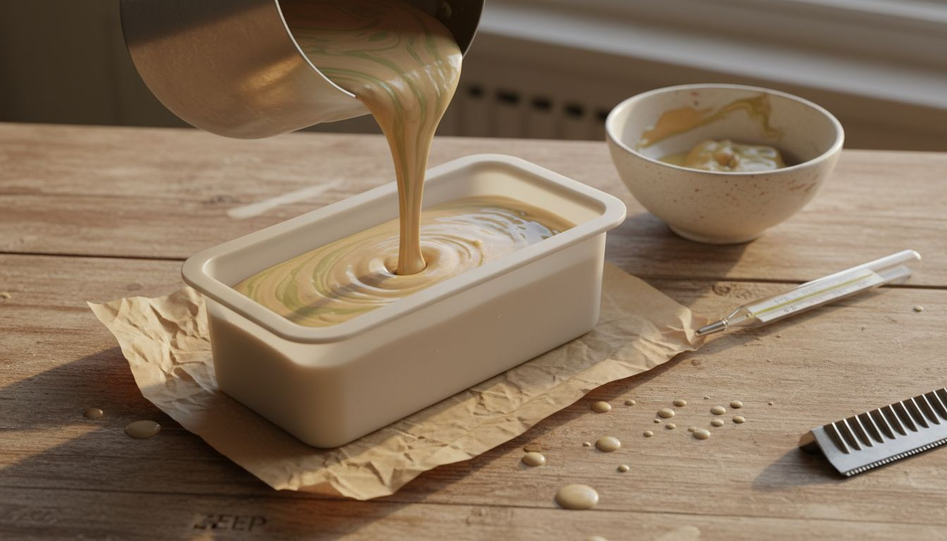 Het zeepmengsel in de mal gieten