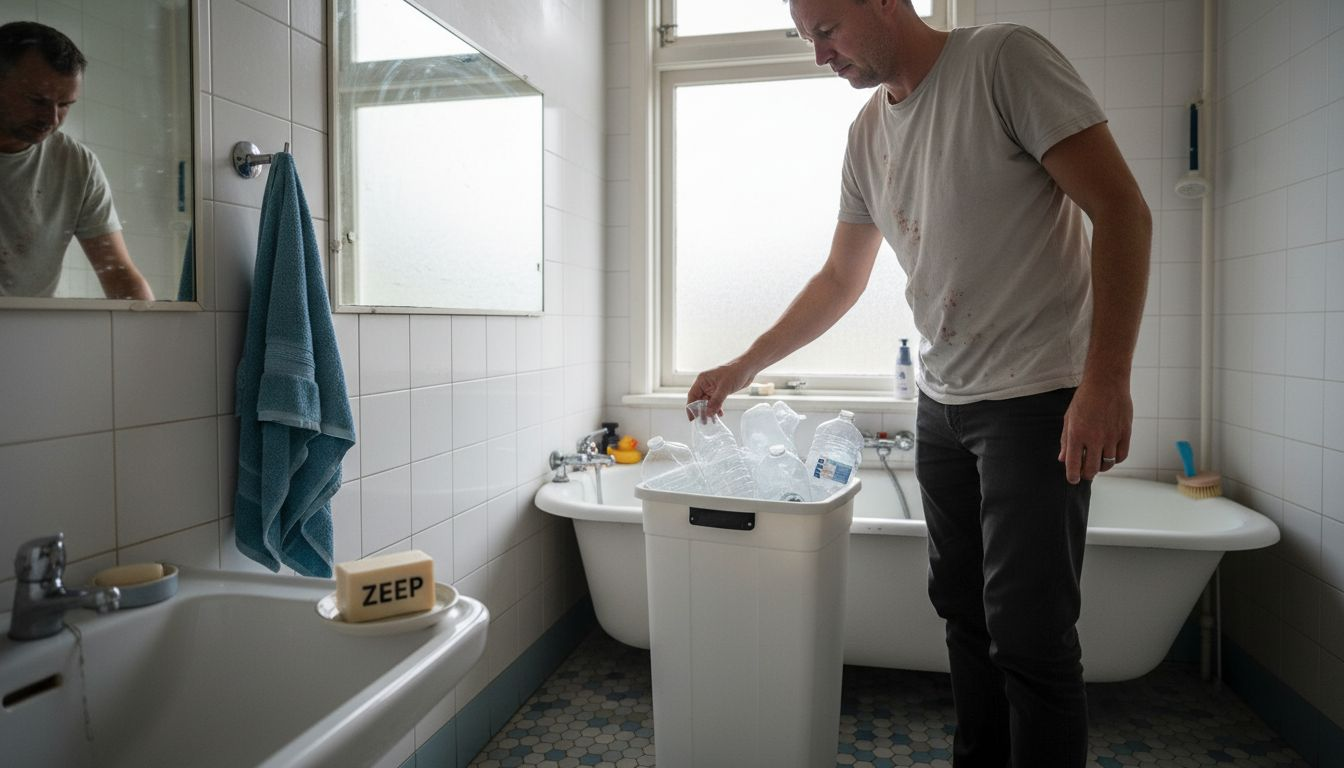 Een man die lege flessen inlevert voor recycling en in de badkamer een stuk zeep gebruikt in plaats van vloeibare zeep.