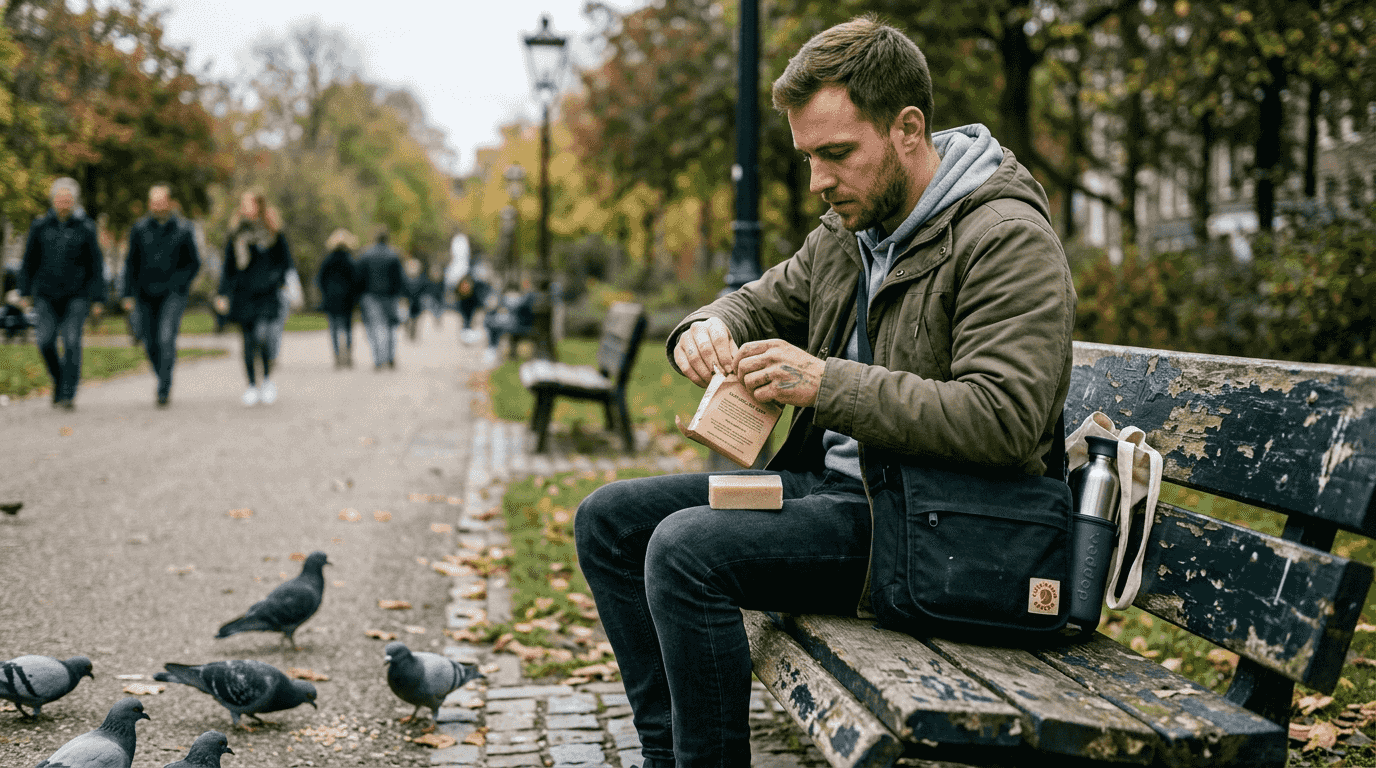 Een man opent een milieuvriendelijke zeepverpakking in het stadspark.