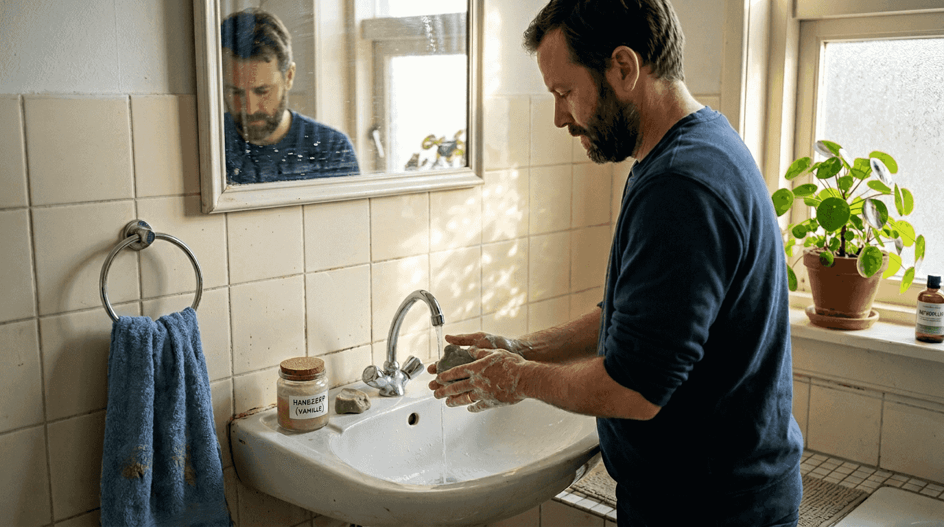 Een man wast zijn handen met een plantaardige zeep.
