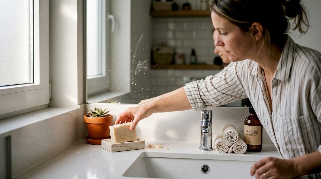 Een vrouw plaatst een stuk duurzame zeep op een zeepbakje in de badkamer.