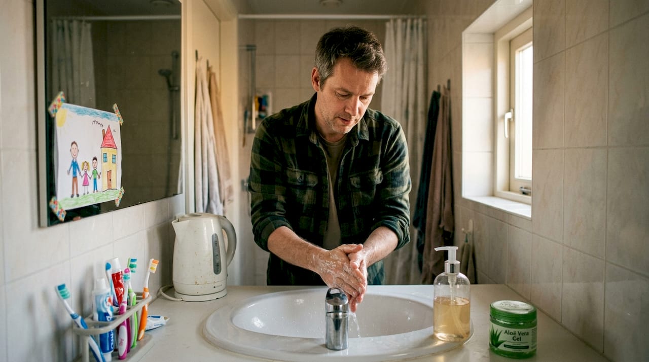 In de badkamer kiest een man bewust voor een milieuvriendelijke zeep.