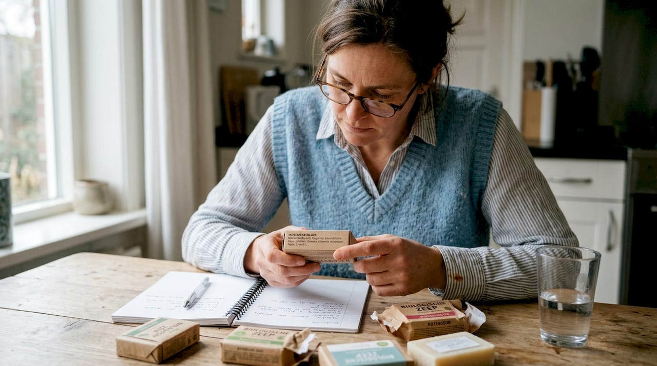 Een vrouw leest aandachtig de ingrediënten op de verpakking van een stuk zeep.