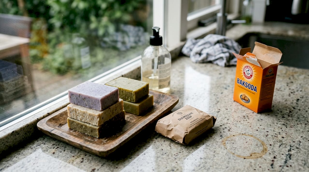 Duurzame zeepblokken zonder plastic, verpakt in zo min mogelijk materiaal.