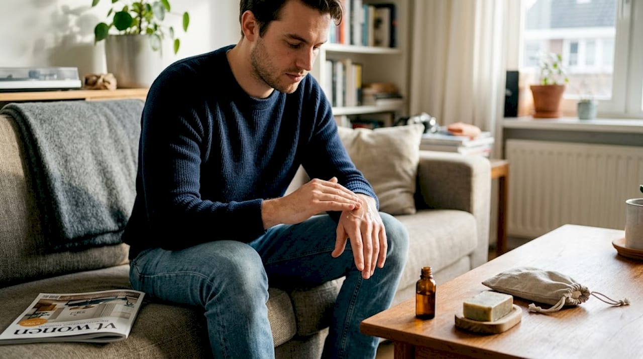 Man probeert natuurlijke huidverzorgingsproducten uit in zijn woonkamer