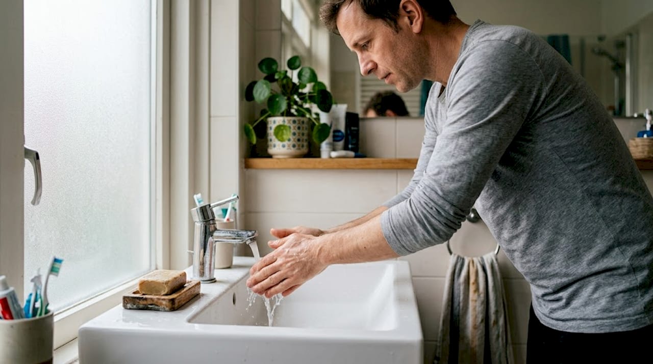 Een man staat in de badkamer zijn handen te wassen met een stuk zeep.