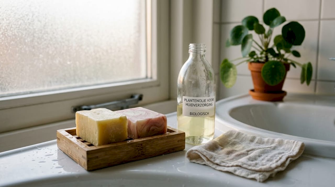 Bij de wastafel ligt een stuk zeep dat helemaal veganistisch is en vrij van plastic verpakkingen.