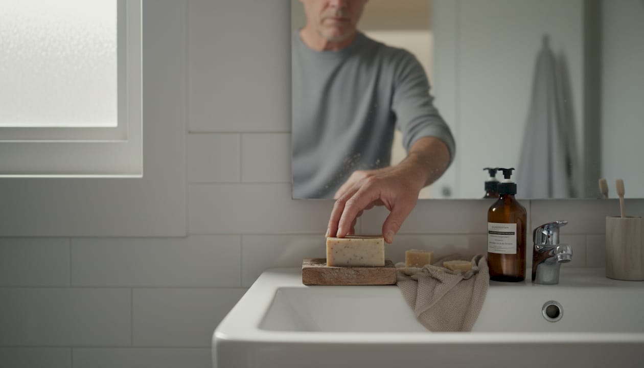 Een man wast zijn handen met een stuk zeep dat op een plankje naast de wastafel ligt.