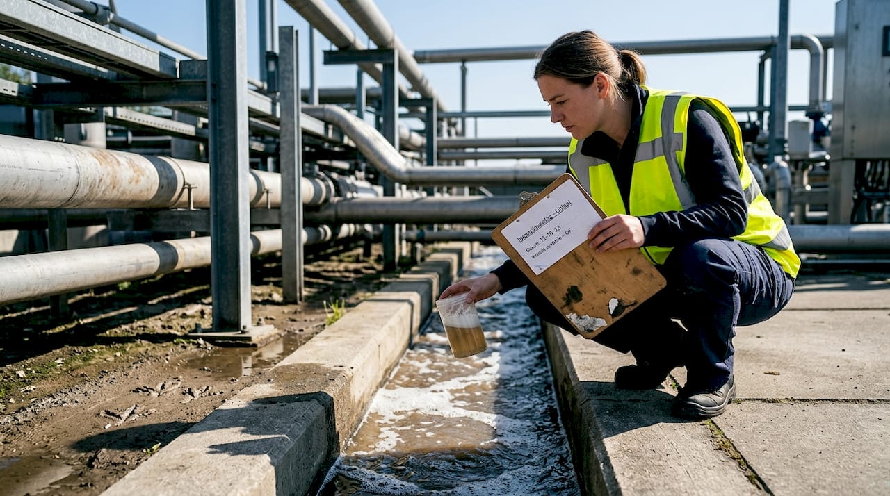Een toezichthouder onderzoekt schuimend afvalwater bij een fabriek.