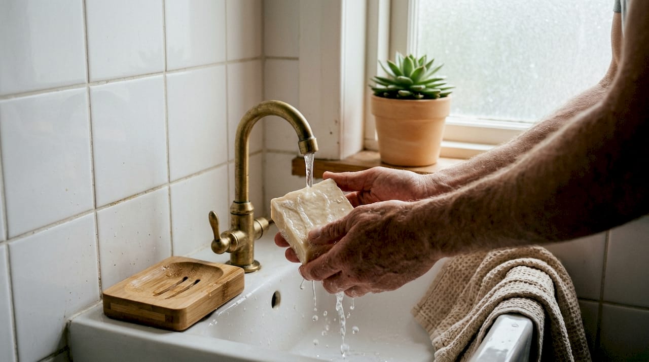 Handen worden gewassen met een zeep op basis van saponinen in een milieuvriendelijke badkamer.