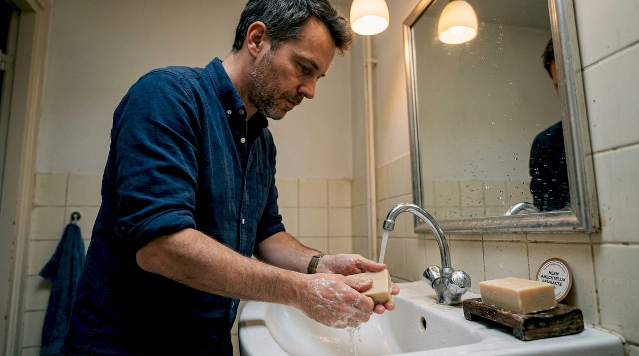 Een man wast zijn handen met een biologische zeepblok.