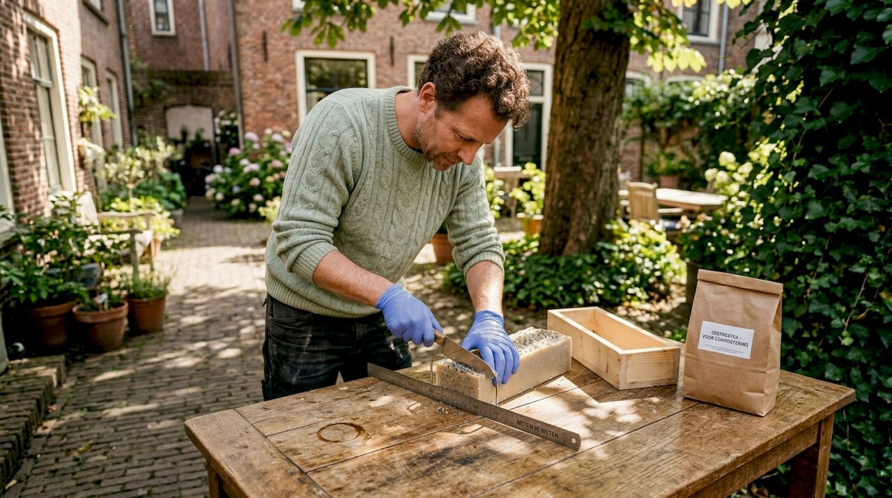 Aan de tuintafel staat een man zorgvuldig stukken duurzame zeep te snijden.