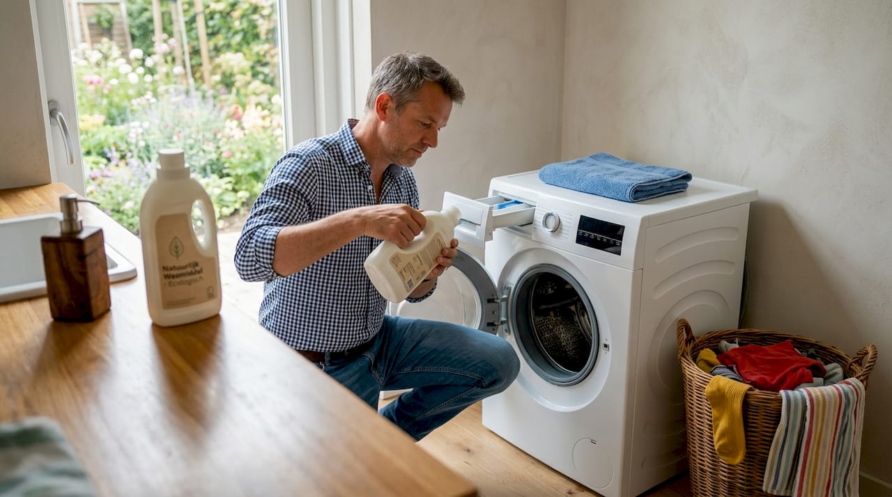Een man gebruikt een enzymatisch wasmiddel tijdens het wassen van zijn kleding in de wasruimte.