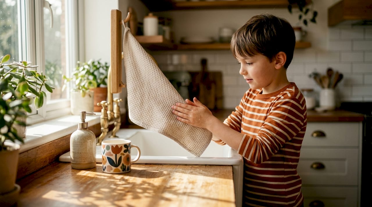 Een jongen veegt zijn natte handen af aan een theedoek in de keuken.
