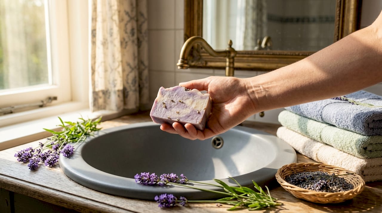 In een lichte badkamer houdt iemand een stuk natuurlijke lavendelzeep vast.