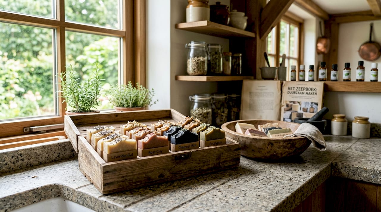 Een kleurrijk assortiment duurzame zeepjes netjes uitgestald op de plank.